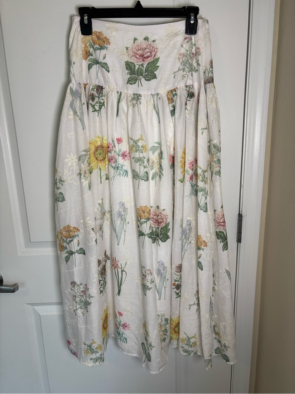 MABLE White Floral Woven A-Line Midi Dress M Strapless Eyelet Lined